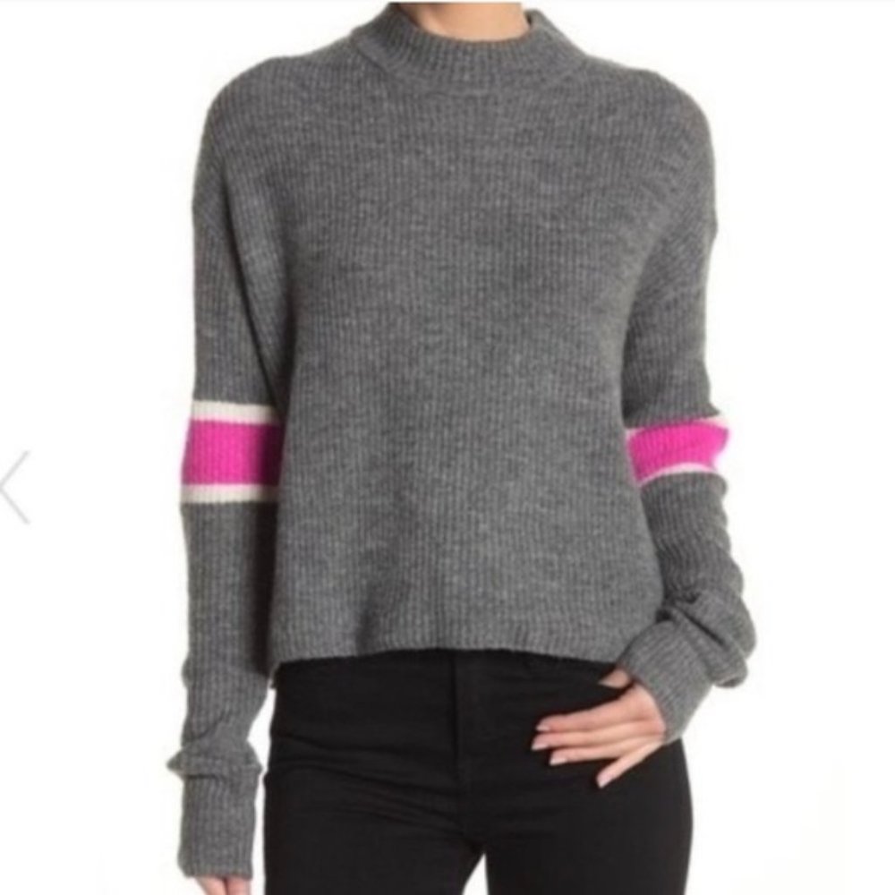 NWOT John + Jenn Gray & Pink Varsity Stripe Chunky Knit Mock Neck Sweater